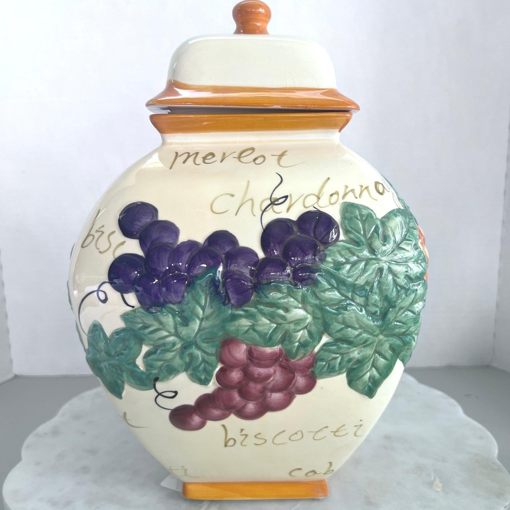 Grape Vine Cookie Jar Biscotti Canister Sealing Lid Nonnis Hand Painted Purple